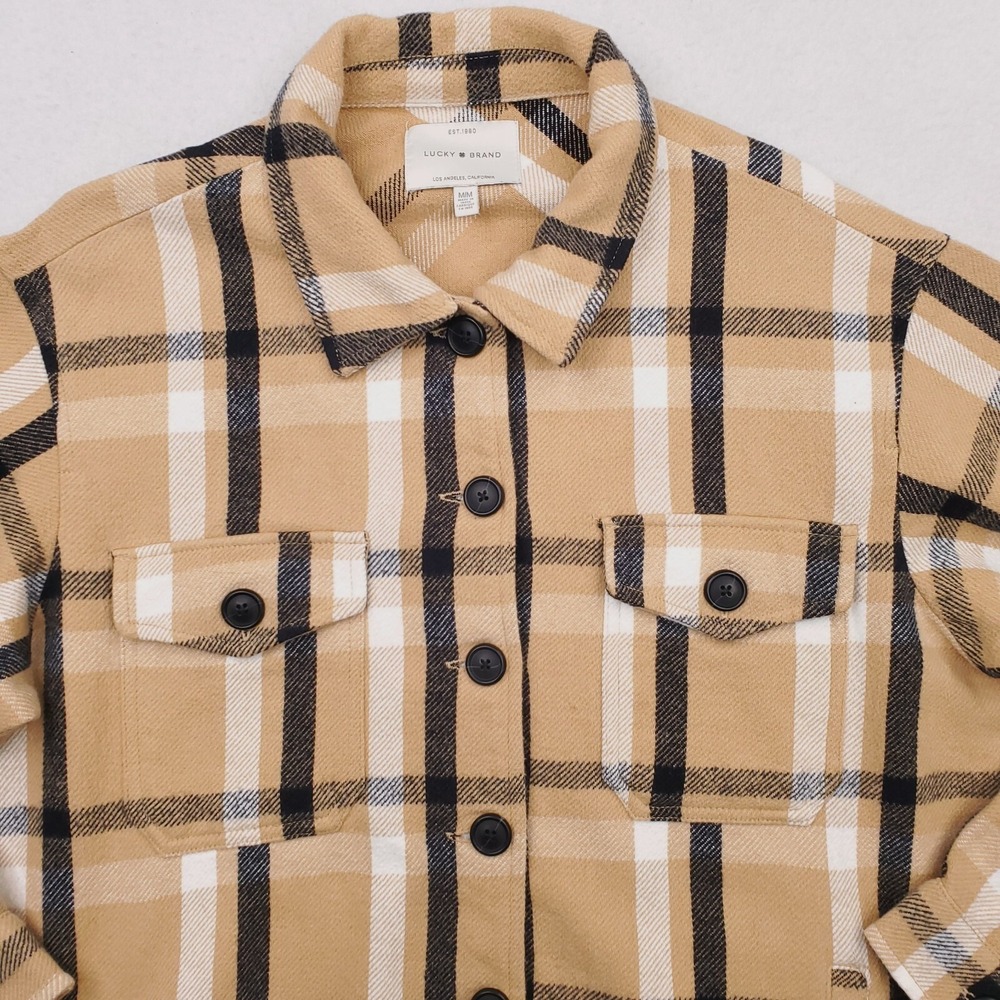 Lucky Brand Shirt Jacket Mens Medium Tan Black Tartan Plaid Flannel Shacket - Picture 2 of 15